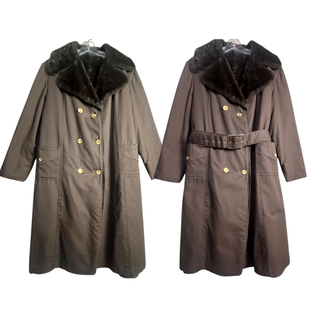 Vtg 1950 Brown Long Winter Overcoat Faux Fur Collar Double Breasted Belt Lined L